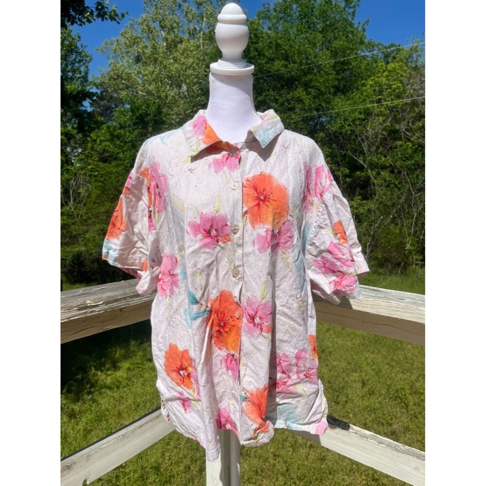 Vintage Linen Southern Expressions Floral Button Up Blouse Cotton
